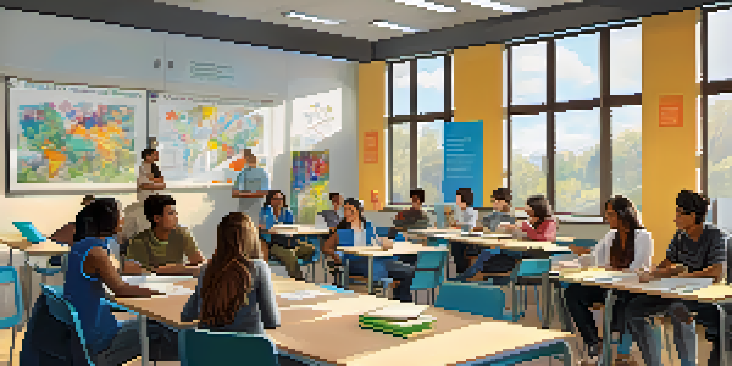 A diverse group of students in a bright classroom engaged in a discussion, surrounded by educational posters and a whiteboard.