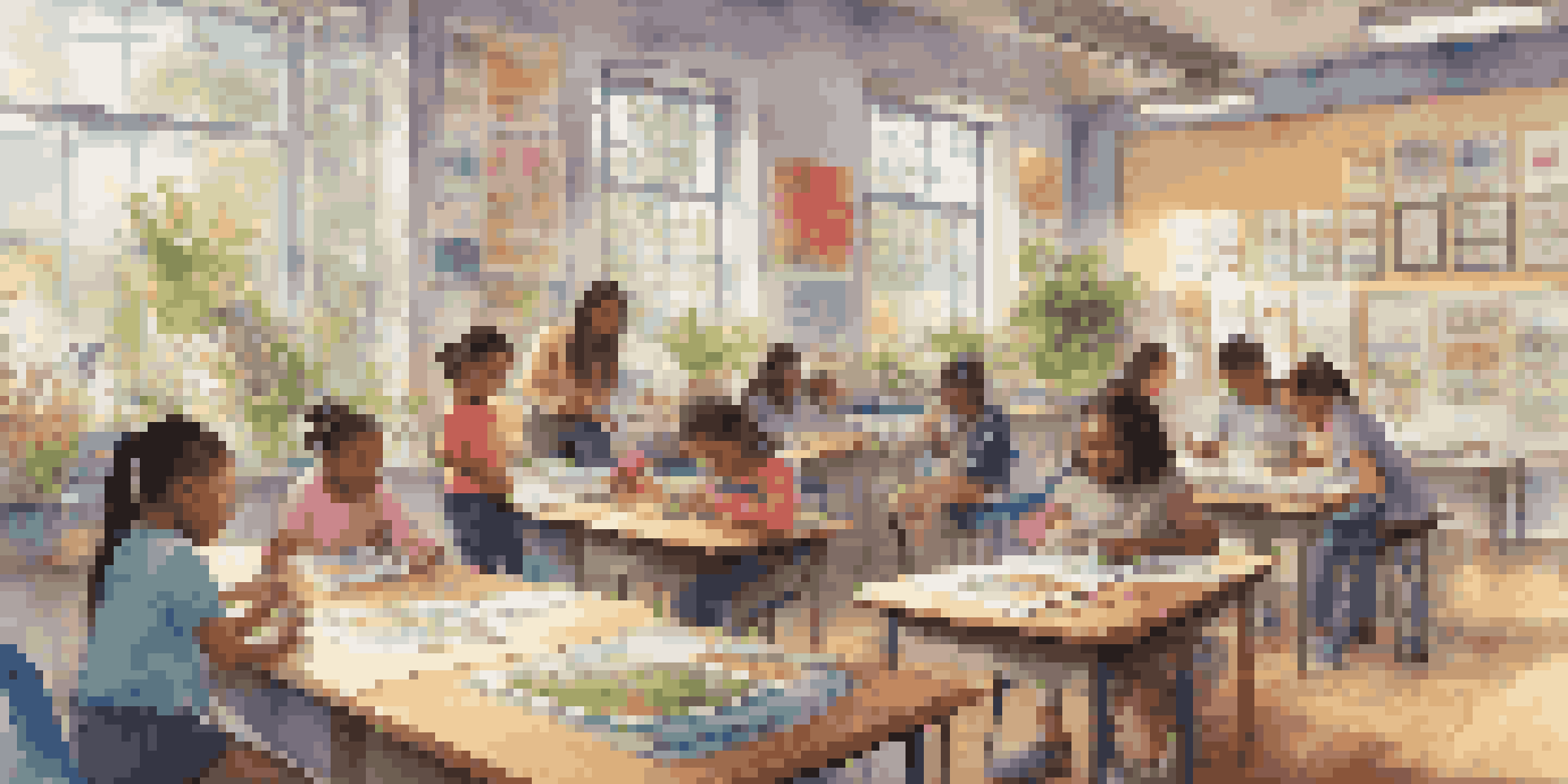 A lively classroom filled with diverse students participating in different hands-on activities, surrounded by colorful educational materials and natural light.
