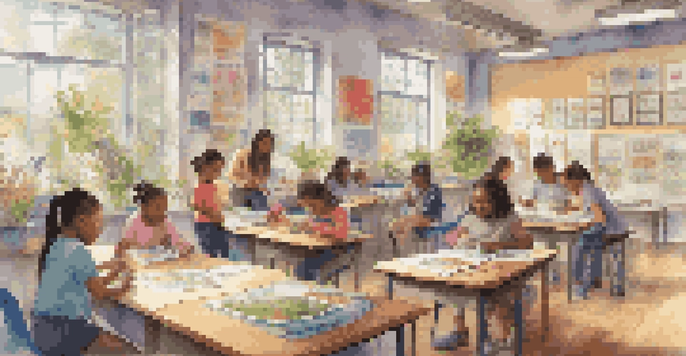 A lively classroom filled with diverse students participating in different hands-on activities, surrounded by colorful educational materials and natural light.