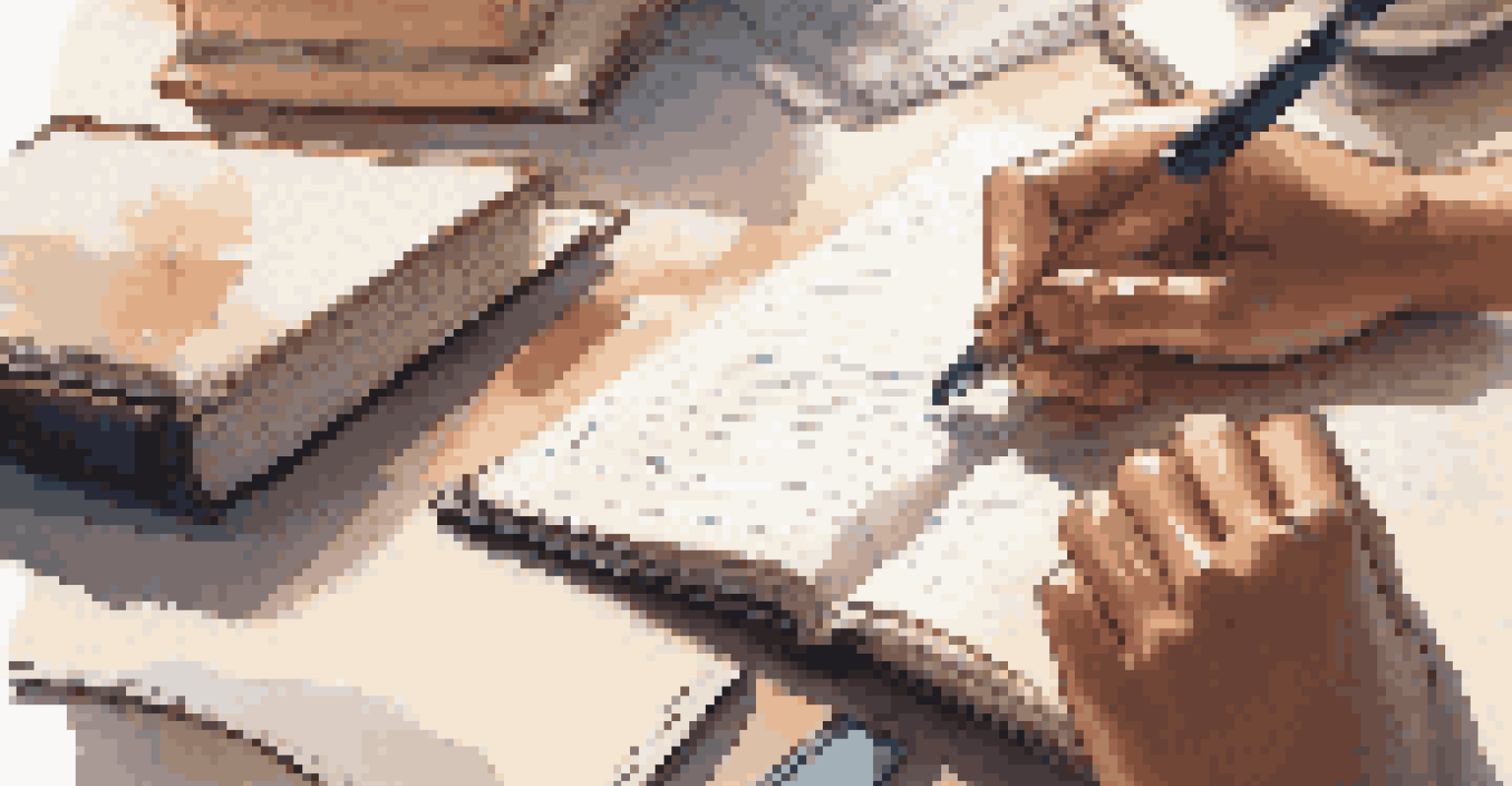 A close-up of hands writing in a journal with study materials around, illuminated by soft natural light.