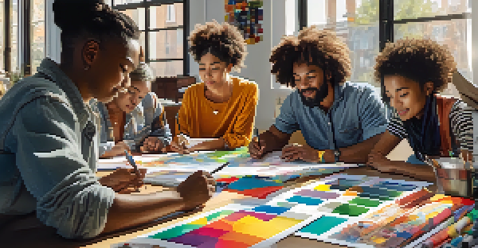 A diverse group of individuals working together enthusiastically at a table, surrounded by creative materials in a bright, sunlit environment.