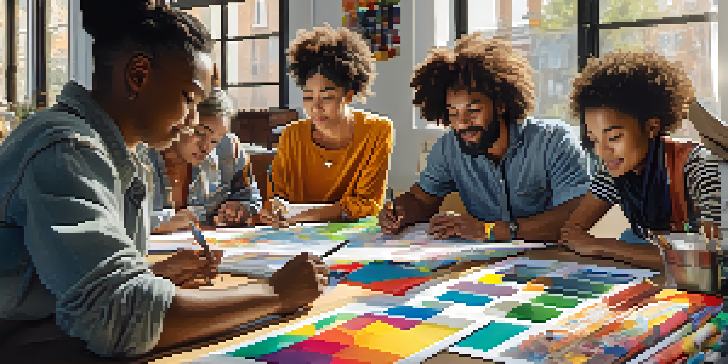A diverse group of individuals working together enthusiastically at a table, surrounded by creative materials in a bright, sunlit environment.