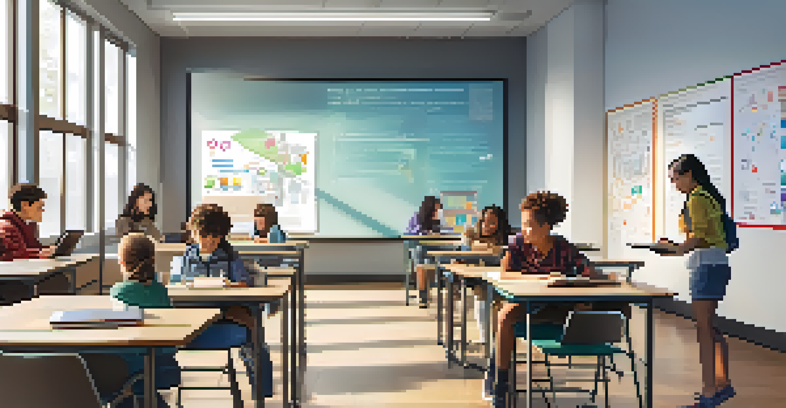 A modern classroom with technology and students collaborating on a science project.