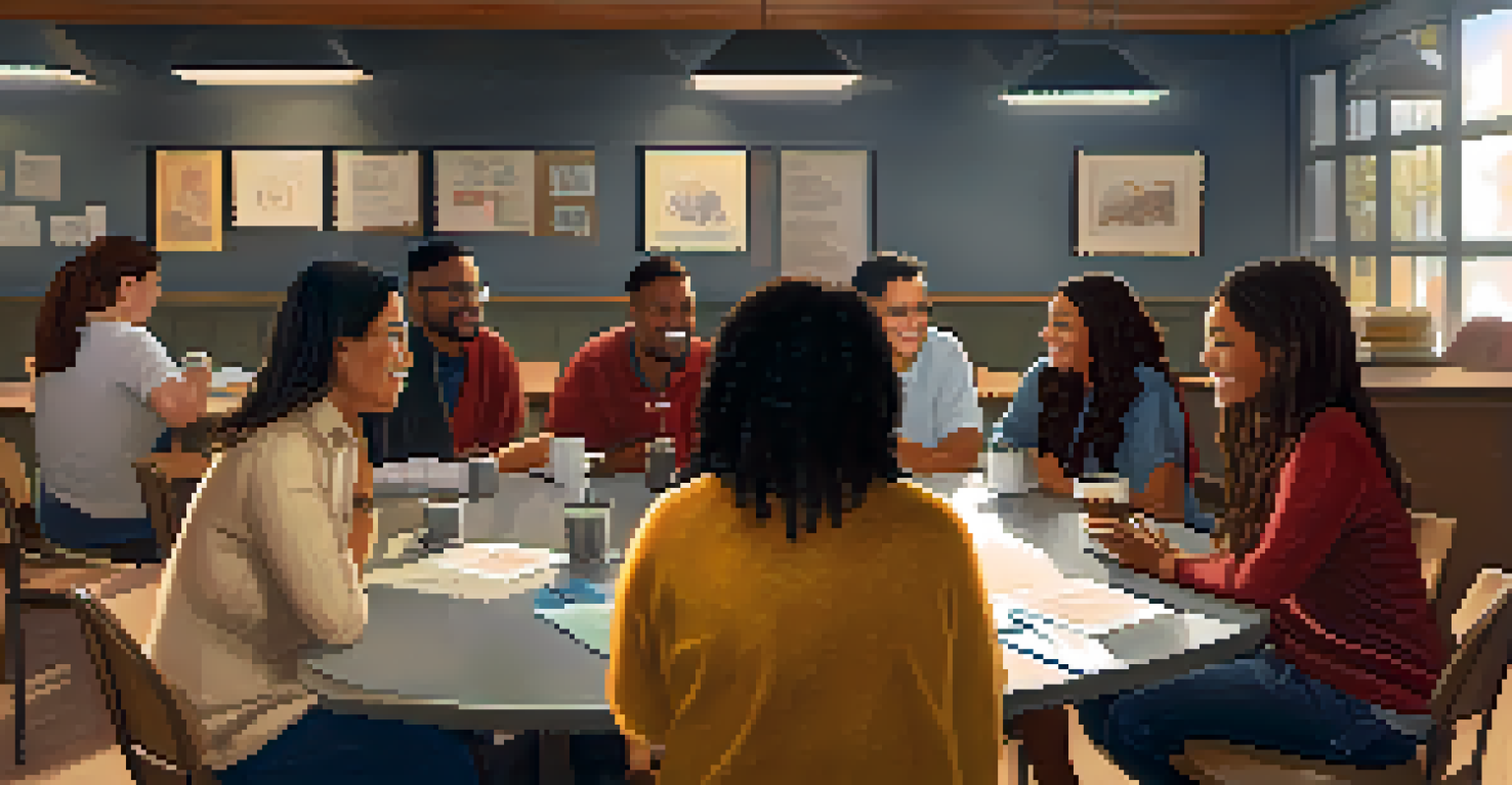 A small group of adult learners having a friendly conversation in a welcoming workshop setting.