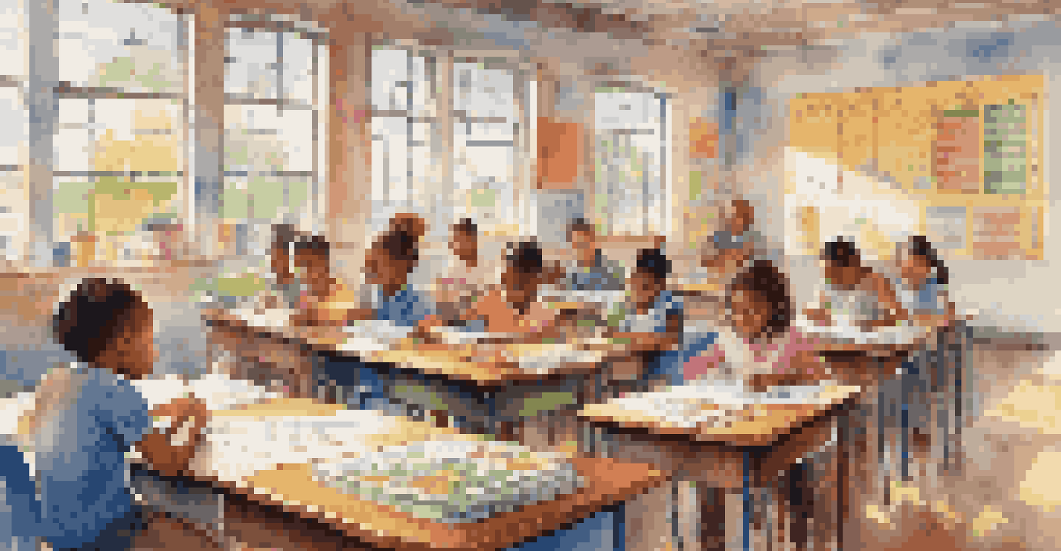 Children in a classroom working on savings goals charts, with a teacher guiding them in a bright and cheerful environment.