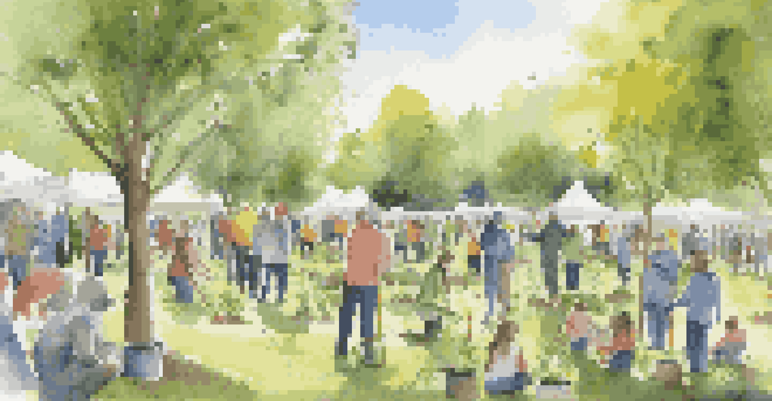 A lively community event with people planting trees under a sunny sky, showcasing collaboration and environmental awareness.