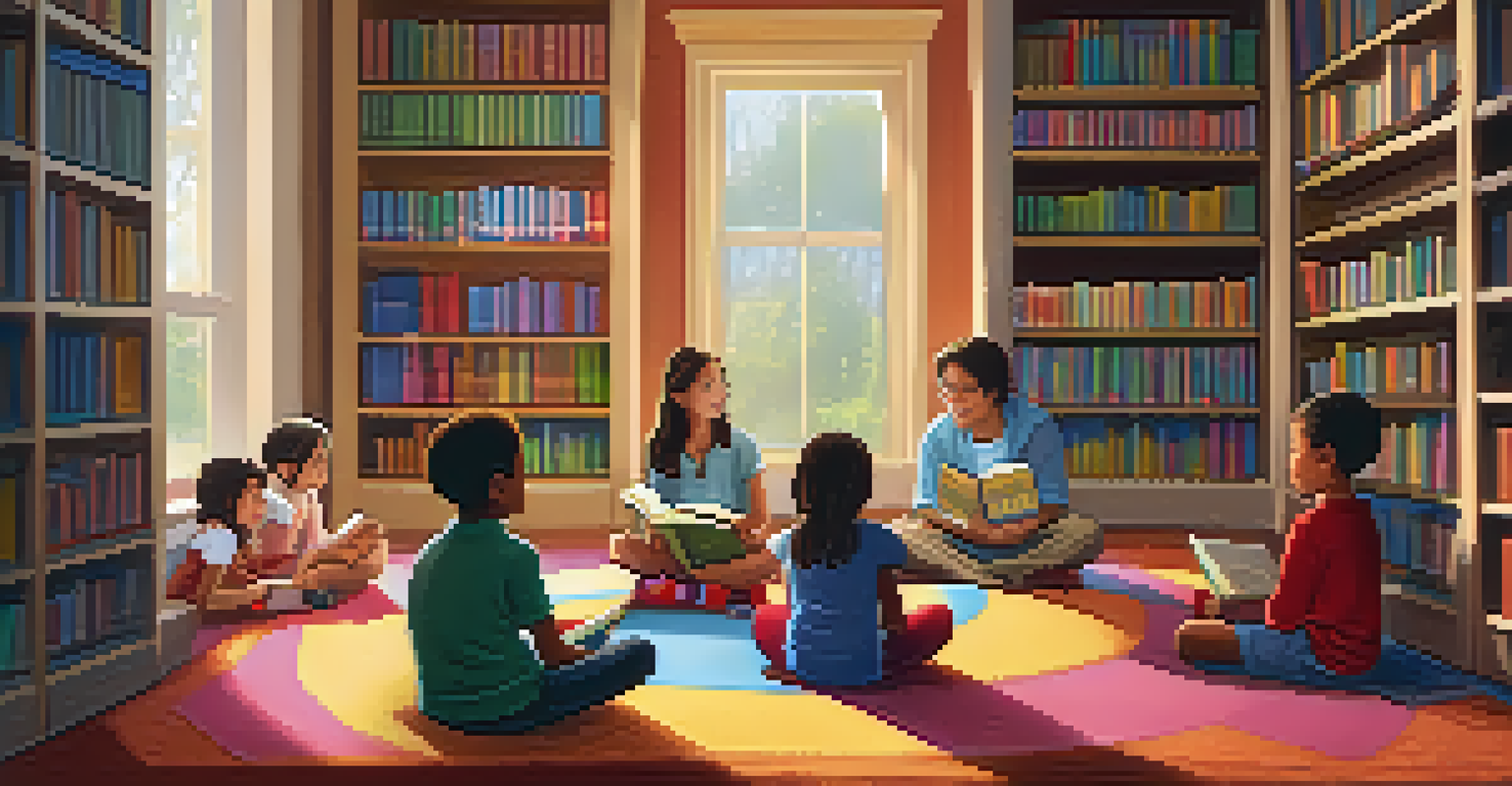 Children in a cozy library corner engaged in a storytelling session, surrounded by colorful books and warm lighting.