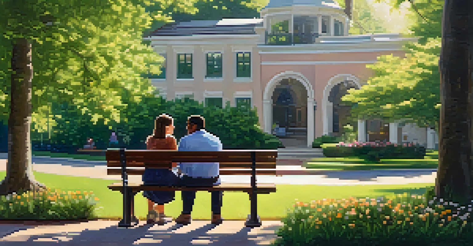 Two teachers engaged in a supportive conversation on a park bench, surrounded by lush greenery and flowers, under soft sunlight.