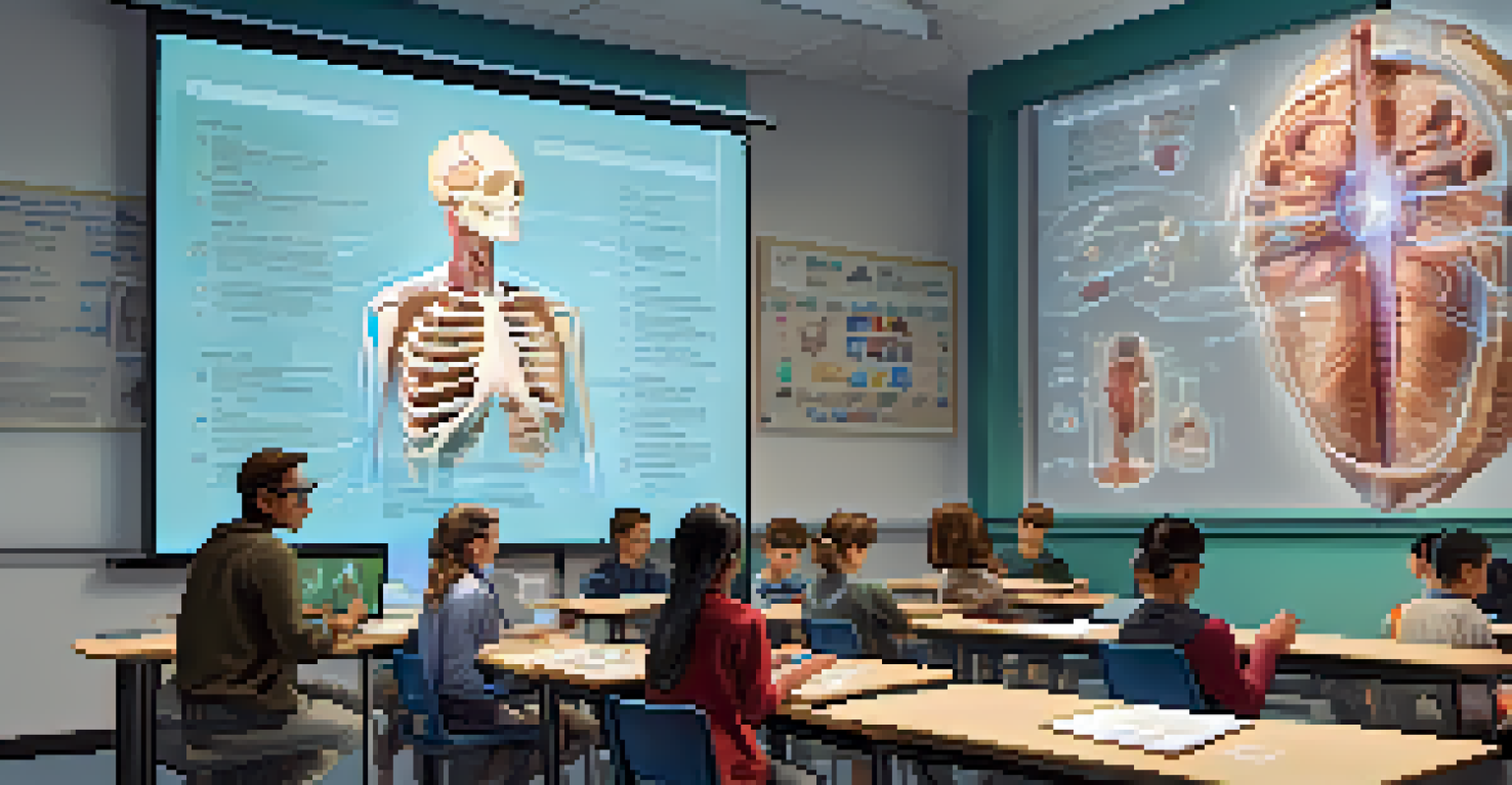 A professor teaching a biology class using augmented reality glasses, with students observing 3D holograms of human anatomy in a modern classroom.
