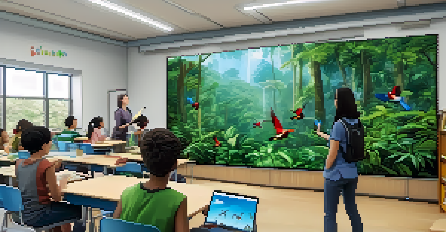 Students in a classroom observing a vibrant virtual rainforest on a screen, surrounded by greenery and colorful birds.