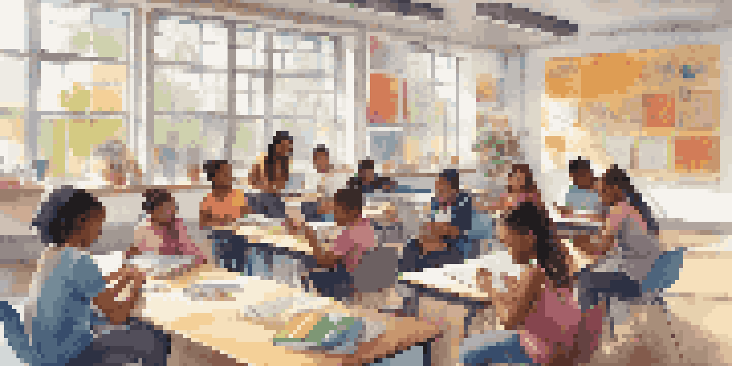 A classroom with diverse students using mobile devices, engaged in learning together.
