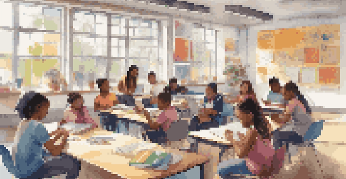 A classroom with diverse students using mobile devices, engaged in learning together.