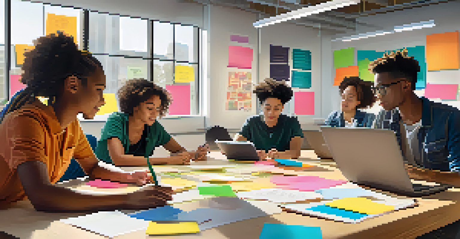 A group of diverse students collaborates on a project in a modern classroom, surrounded by laptops and sticky notes on a collaboration board, illuminated by natural light.