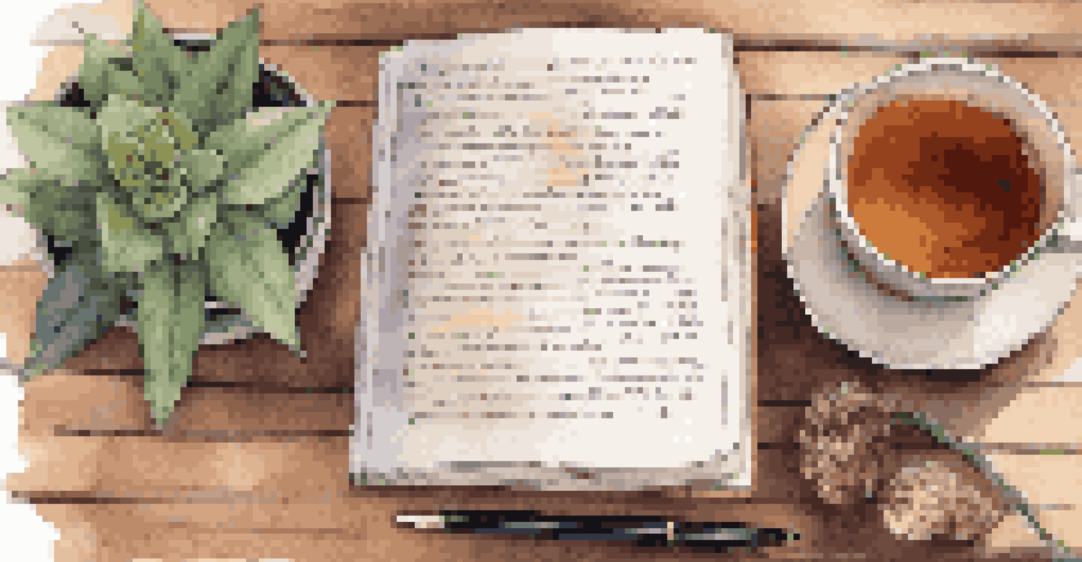 An open journal with handwritten notes and sketches on a wooden desk, accompanied by a cup of tea and a plant.