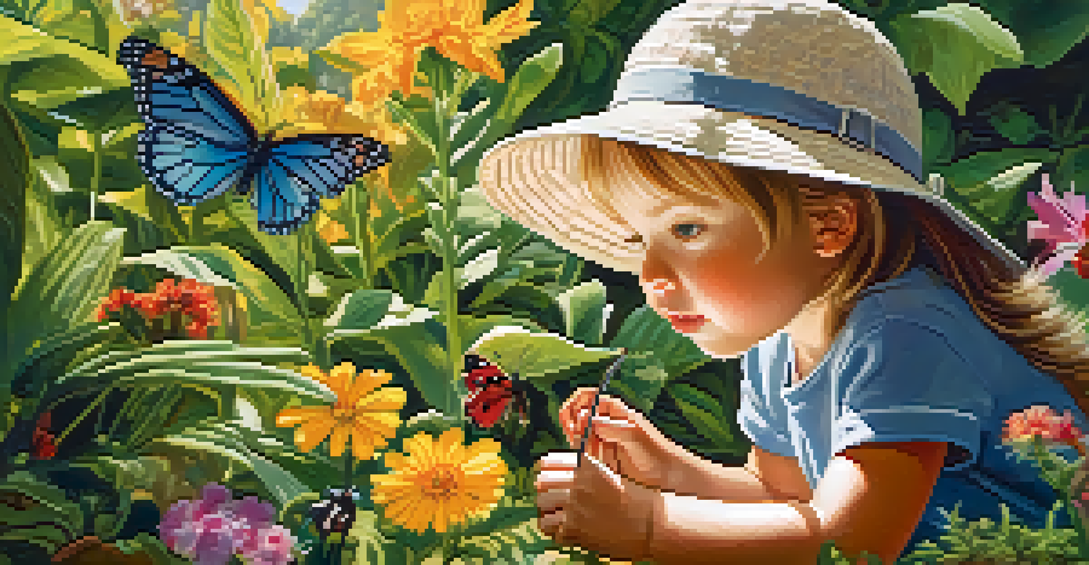 A curious child in a sun hat exploring a colorful garden, kneeling to inspect a ladybug on a leaf, surrounded by flowers and butterflies.