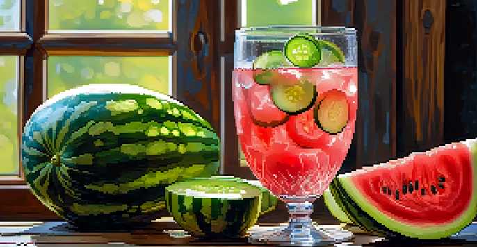 A glass of water with watermelon and cucumber slices on a wooden table, illuminated by sunlight.