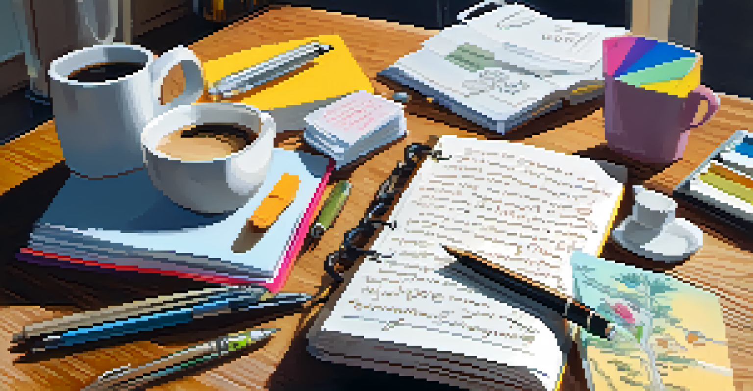An open reflective journal on a wooden desk with handwritten notes and doodles, accompanied by stationery and a cup of coffee, illuminated by soft morning light.