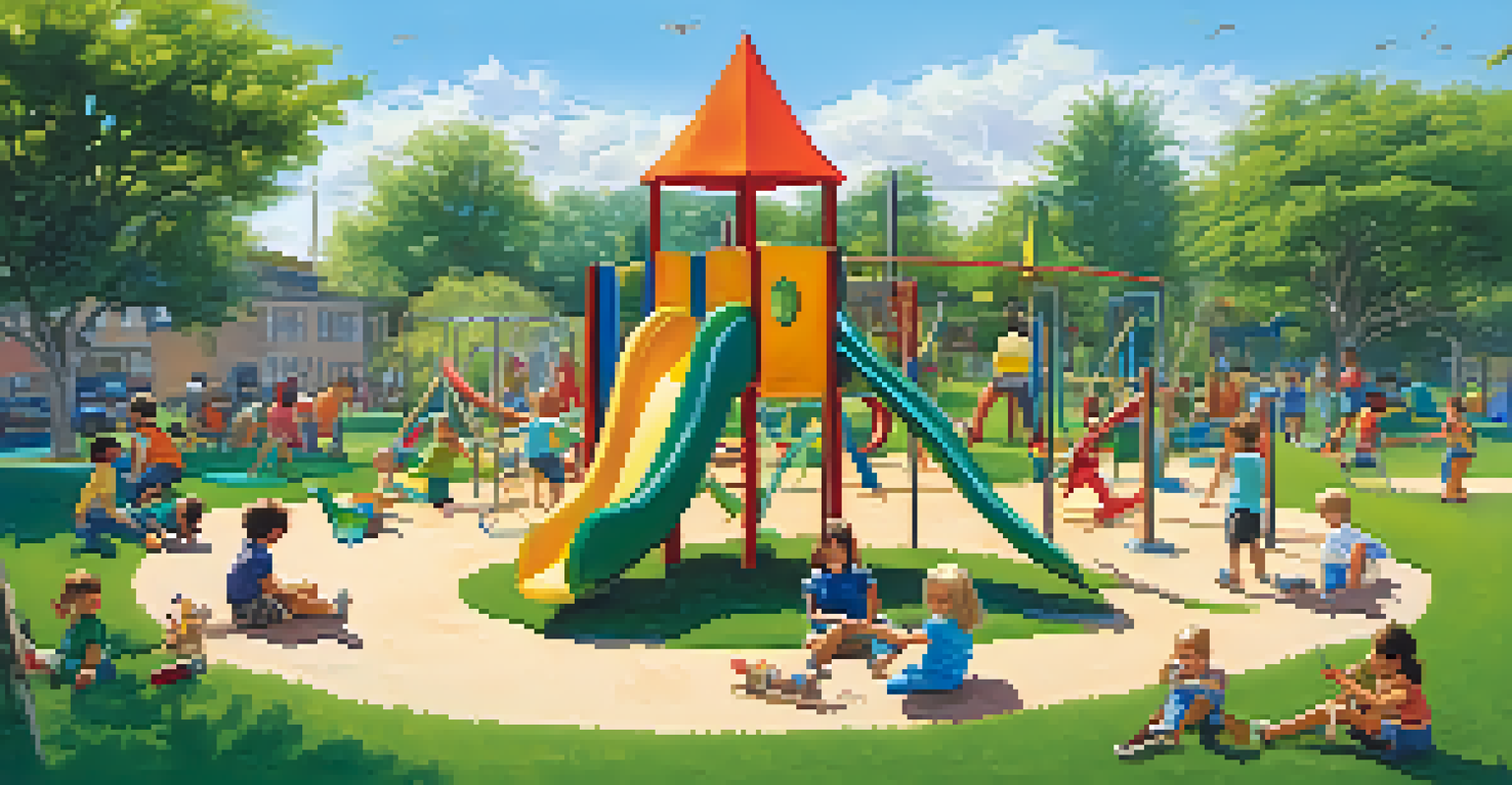 Children enjoying unstructured play in an outdoor area, climbing, running, and sharing stories in a lush green environment.