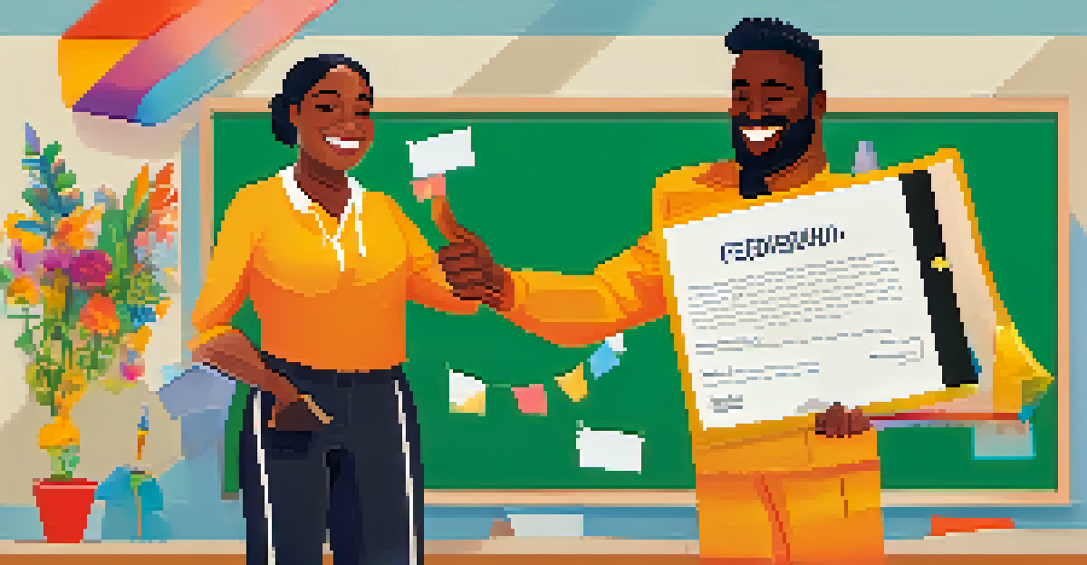 A mentor and a learner celebrating after a successful presentation, with a certificate and motivational background.