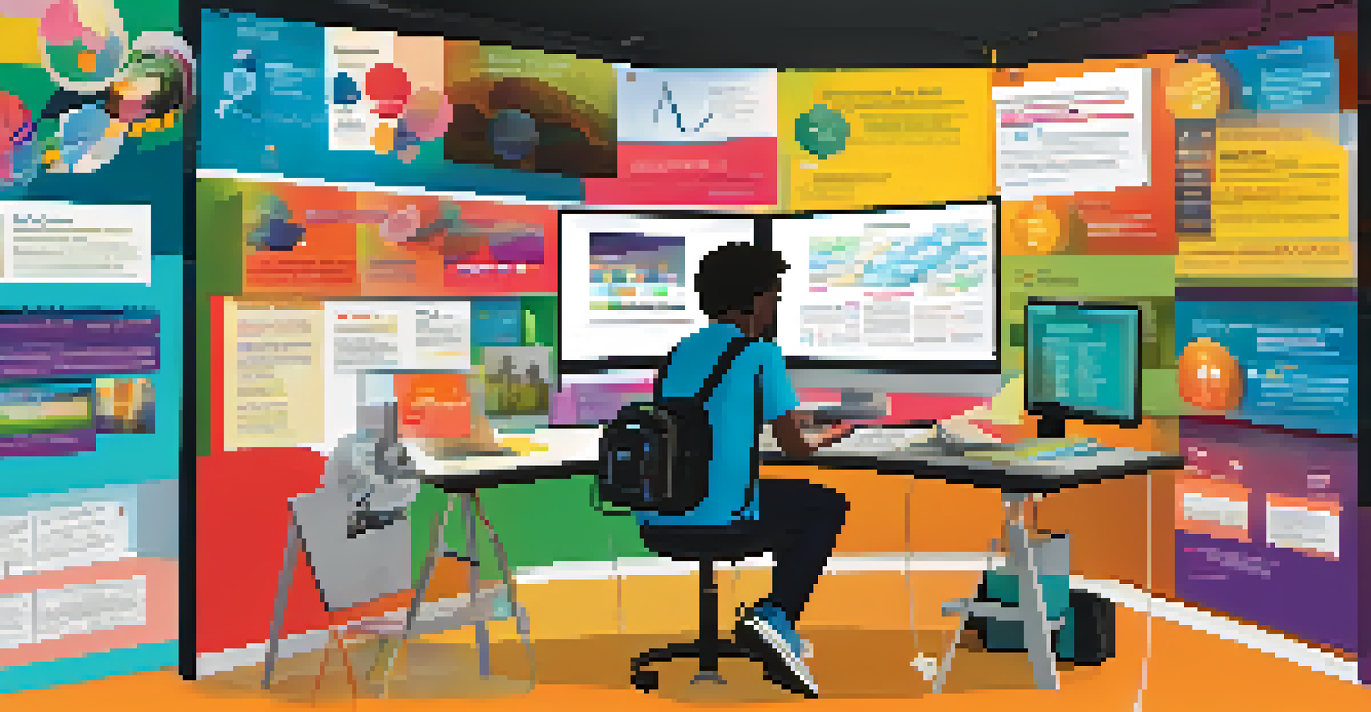 A collage of multimedia content including videos, infographics, and a podcast setup on a digital workspace.