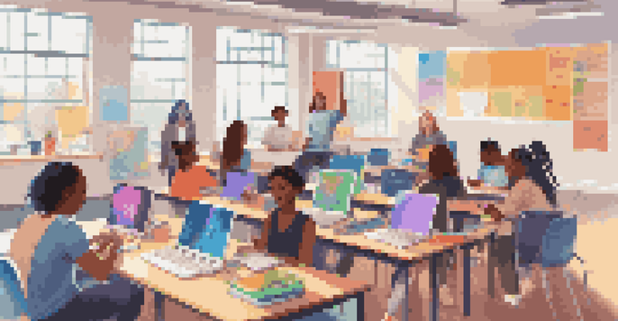 A diverse group of students participating in an online learning session in a bright classroom.