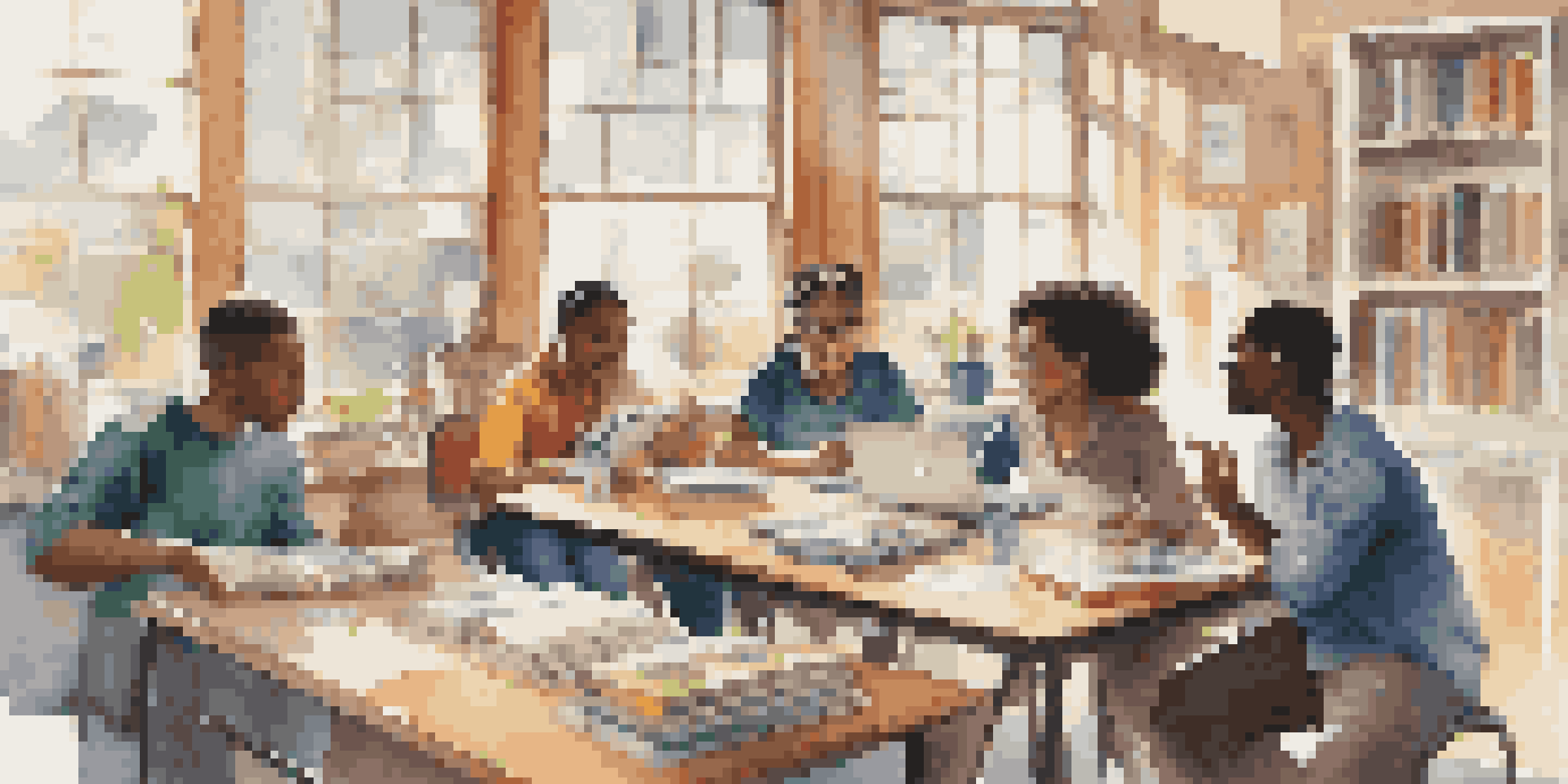 A diverse group of students collaboratively discussing around a table with books and laptops, in a brightly lit classroom.
