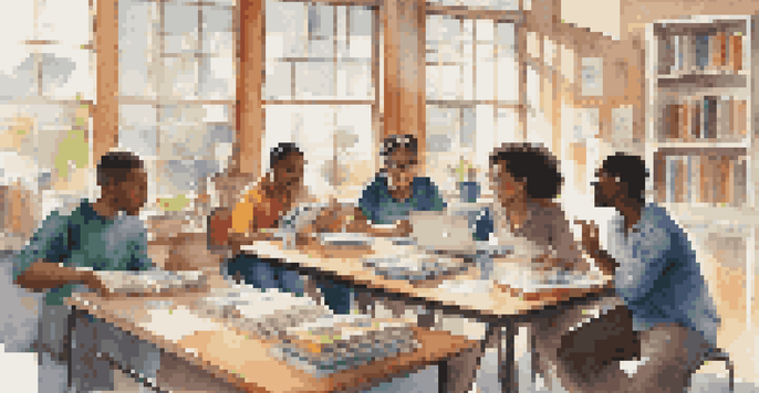 A diverse group of students collaboratively discussing around a table with books and laptops, in a brightly lit classroom.