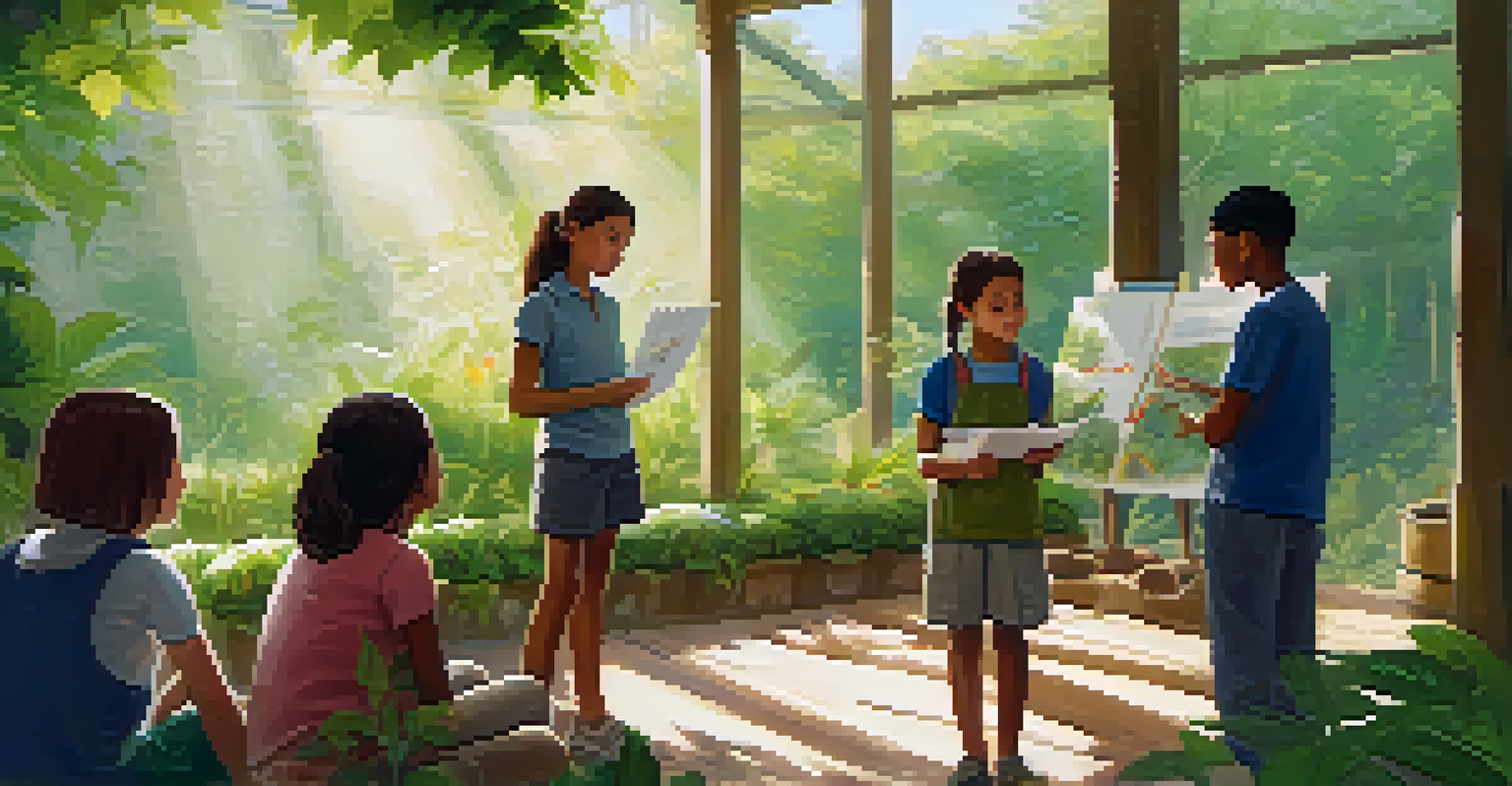 Students engaging with nature in an outdoor learning environment, with a teacher explaining alongside a chart.
