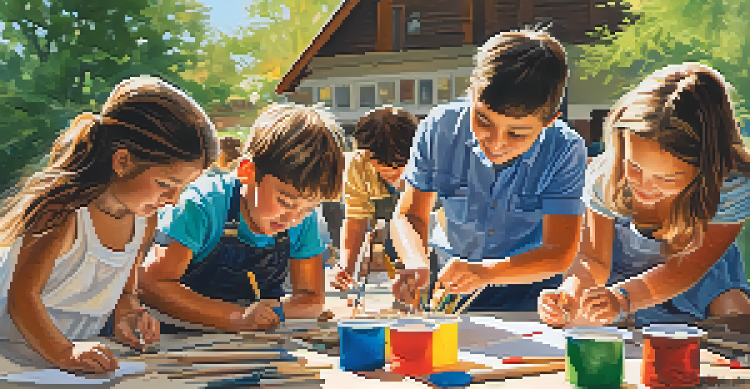 Individuals of different ages engaging in a hands-on outdoor workshop, surrounded by colorful materials and bright sunlight.