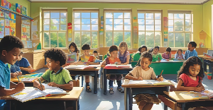 A diverse group of children collaborating in a bright classroom, engaged in a learning activity about emotional regulation.
