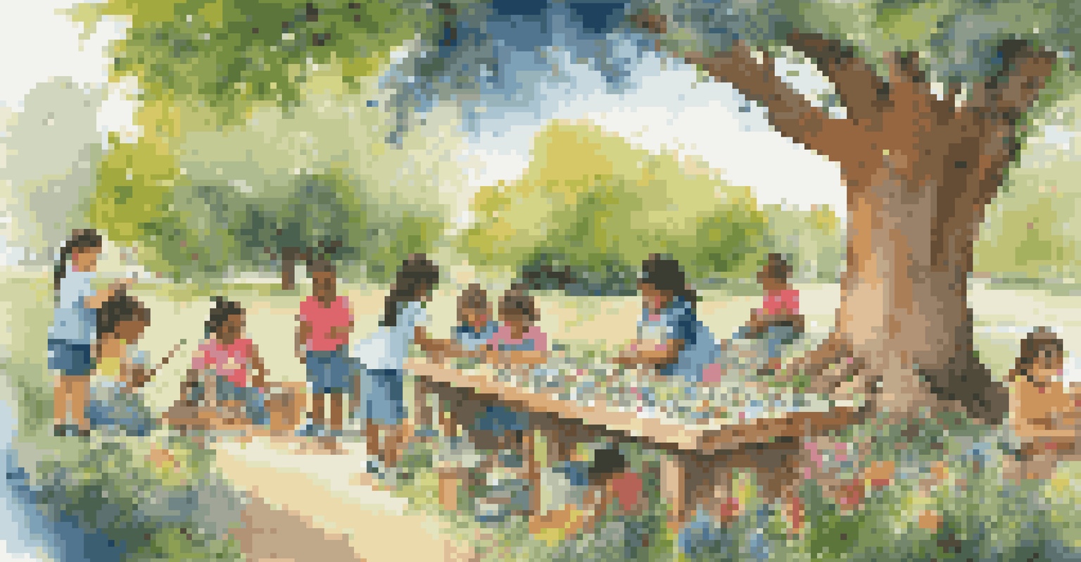 Children collaborating on an outdoor project under a tree, surrounded by nature and art supplies.