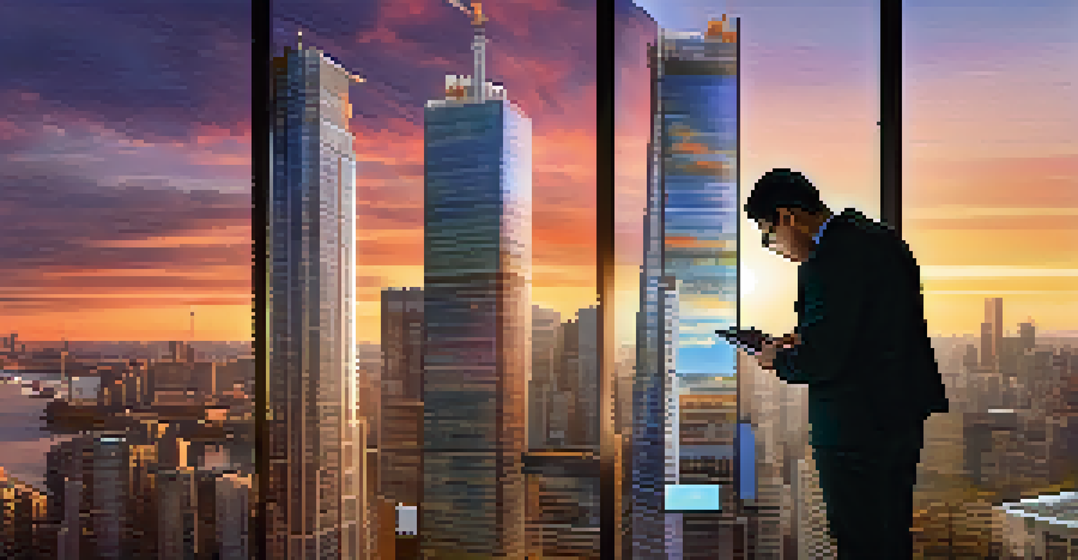 An architect using augmented reality on a tablet to visualize a 3D model of a skyscraper at a construction site, with a city skyline in the background.