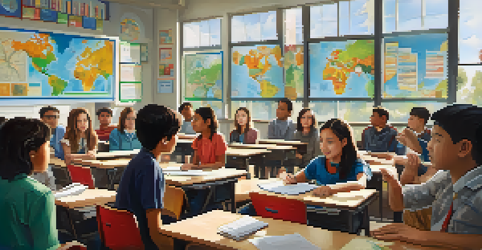 A classroom with diverse students actively participating in a debate about global conflicts, with educational materials on the walls and sunlight streaming through the windows.