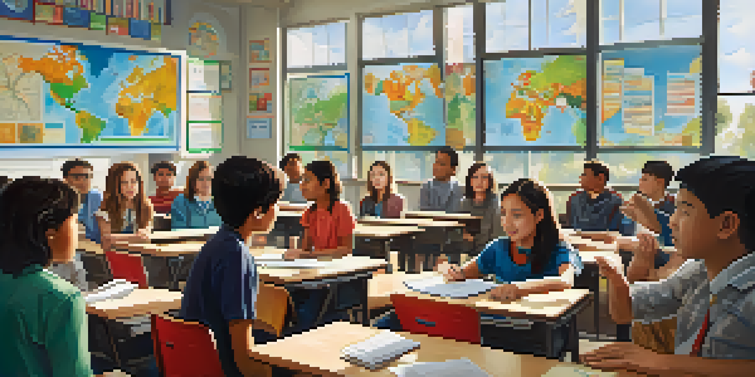 A classroom with diverse students actively participating in a debate about global conflicts, with educational materials on the walls and sunlight streaming through the windows.