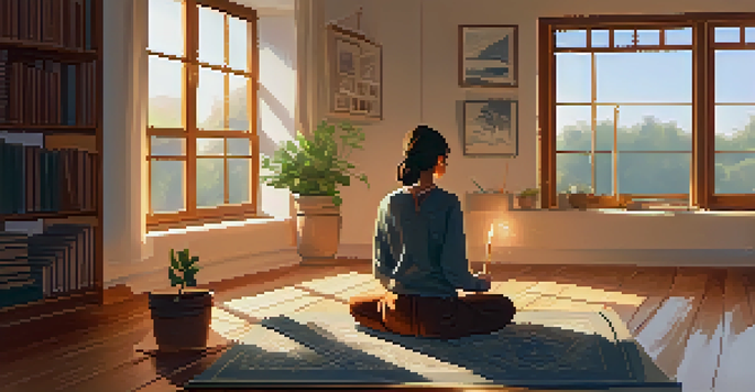 A student meditating in a bright study space with mindfulness tools on the desk.