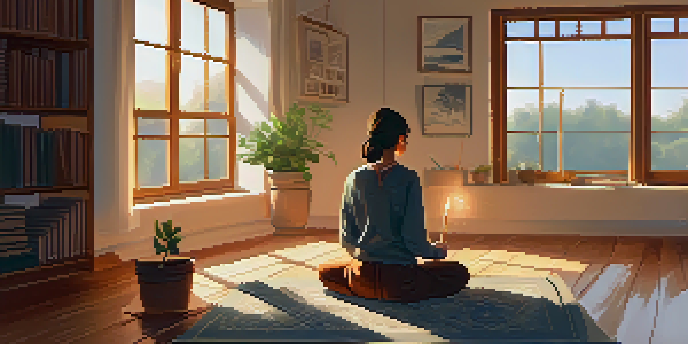 A student meditating in a bright study space with mindfulness tools on the desk.