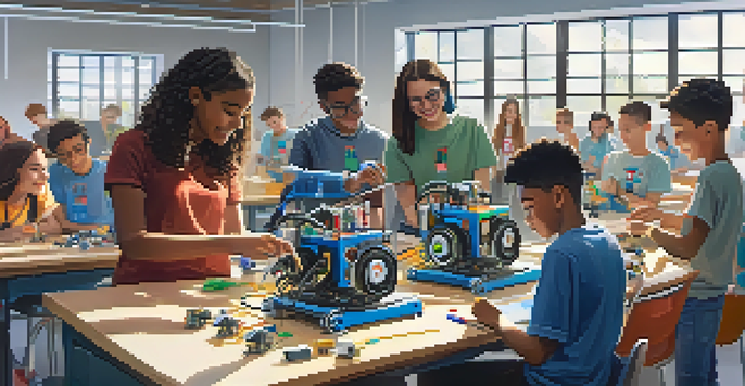 A diverse group of students in a bright classroom, collaborating on building a robot with various tools and parts.