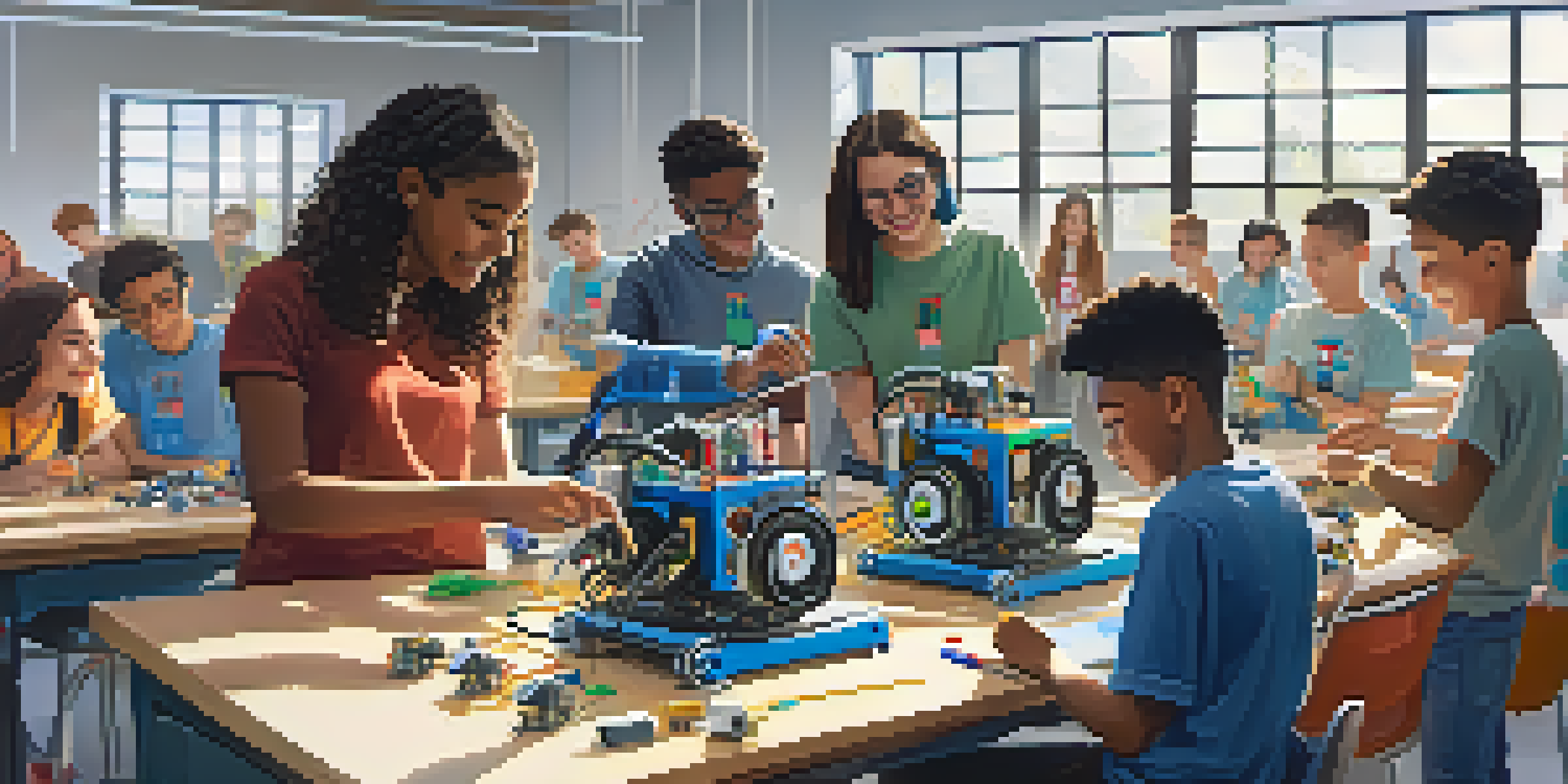 A diverse group of students in a bright classroom, collaborating on building a robot with various tools and parts.