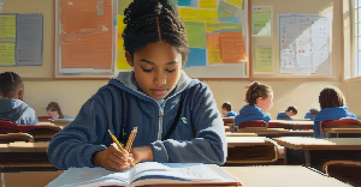 A student journaling in a classroom after a field trip, with a thoughtful expression and soft light illuminating the pages of the journal.