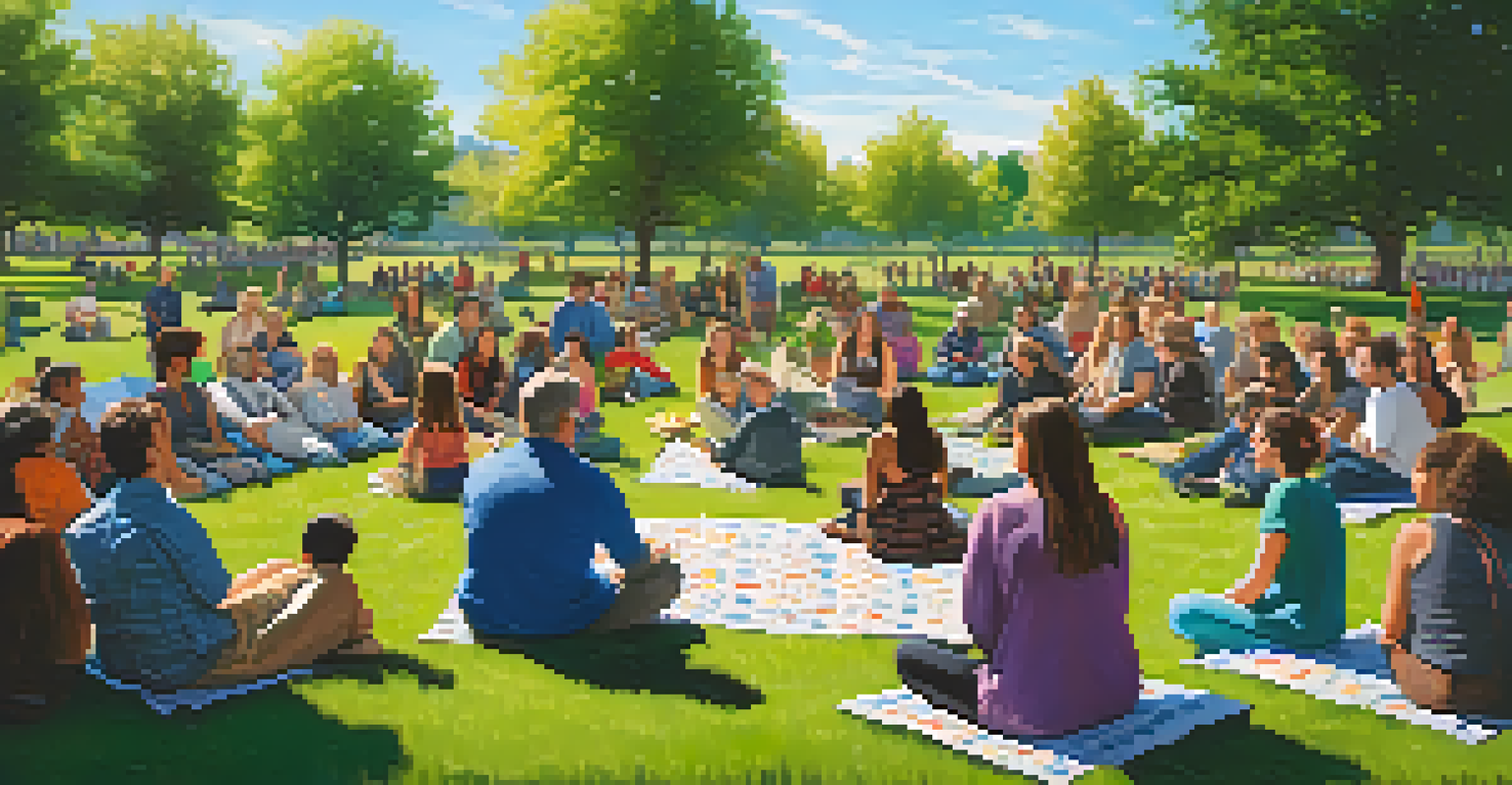 A lively outdoor storytelling event in a park, showcasing a diverse audience sitting on blankets, engaged with a storyteller surrounded by greenery and colorful trees.