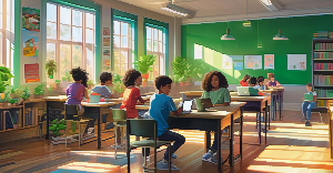A classroom filled with students using laptops, colorful posters on walls, and sunlight streaming in.
