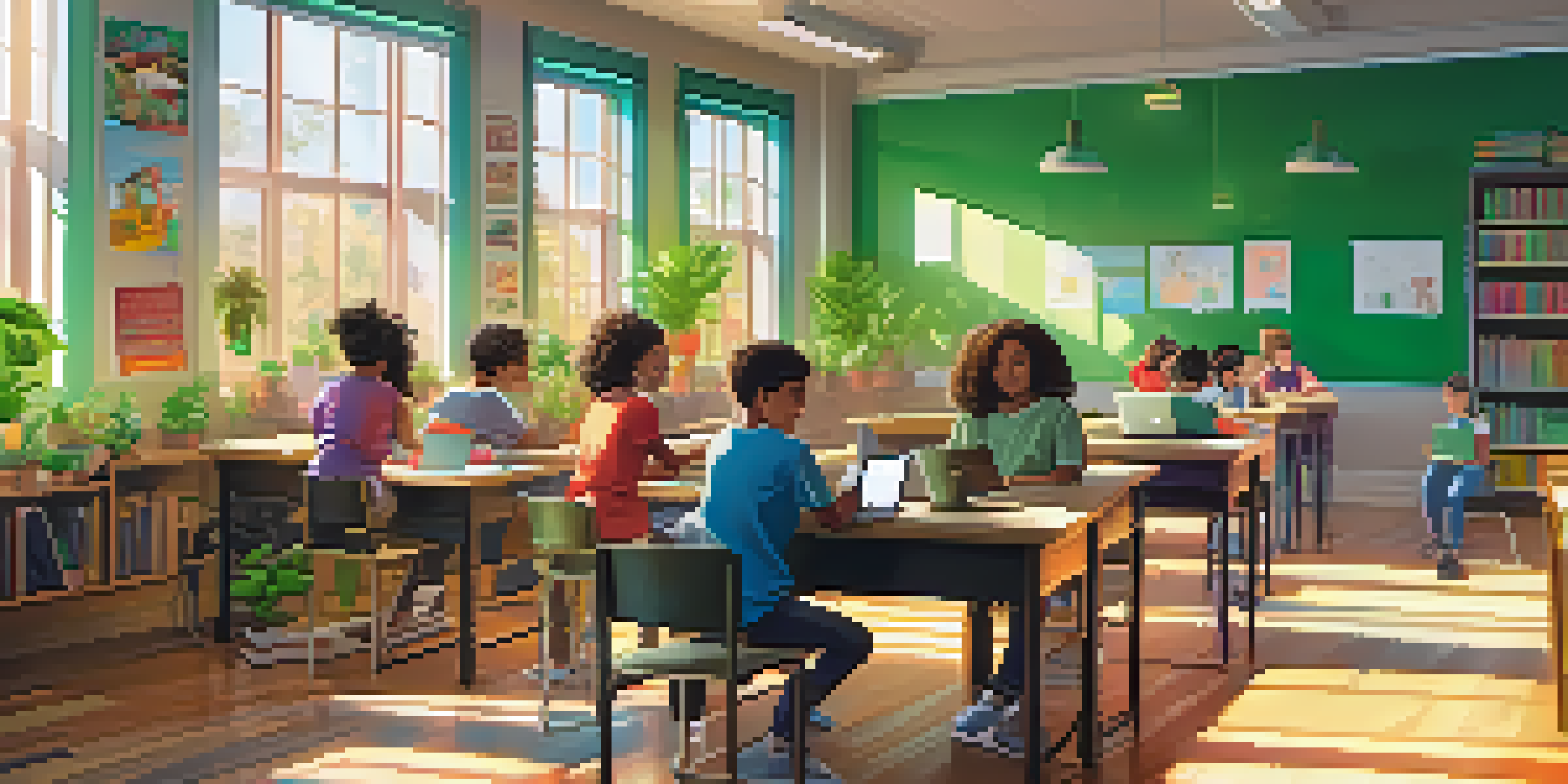 A classroom filled with students using laptops, colorful posters on walls, and sunlight streaming in.