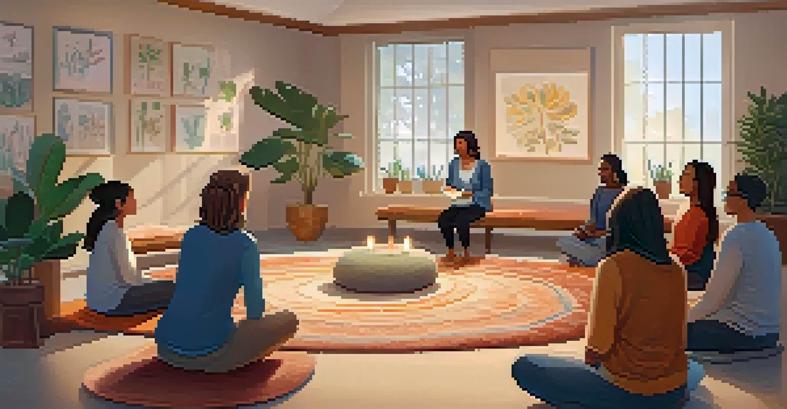 A female educator guiding a mindfulness workshop, surrounded by attentive teachers in a cozy space filled with cushions and soft lighting.