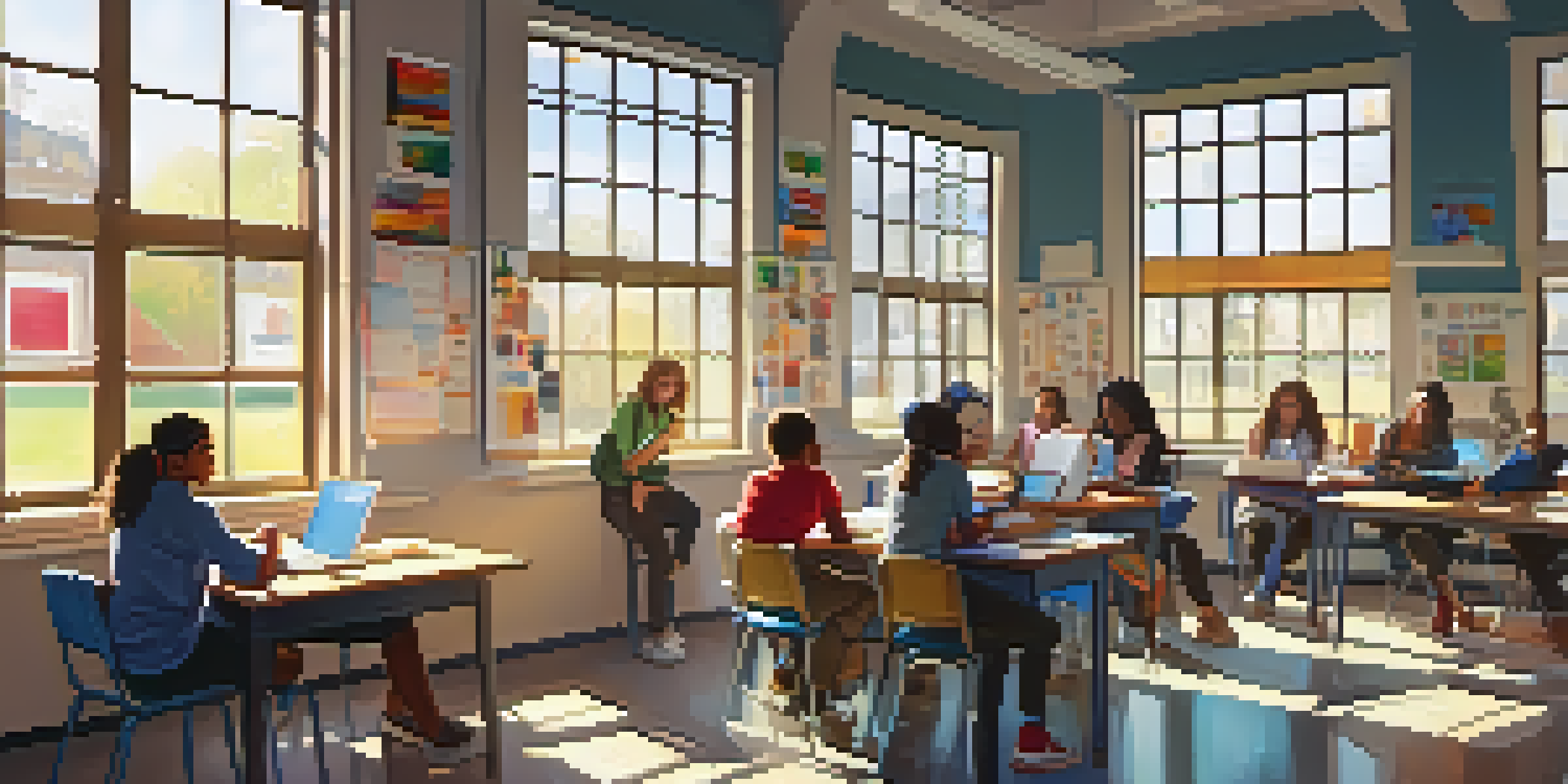 A diverse group of students working together in a bright classroom filled with educational materials and sunlight.