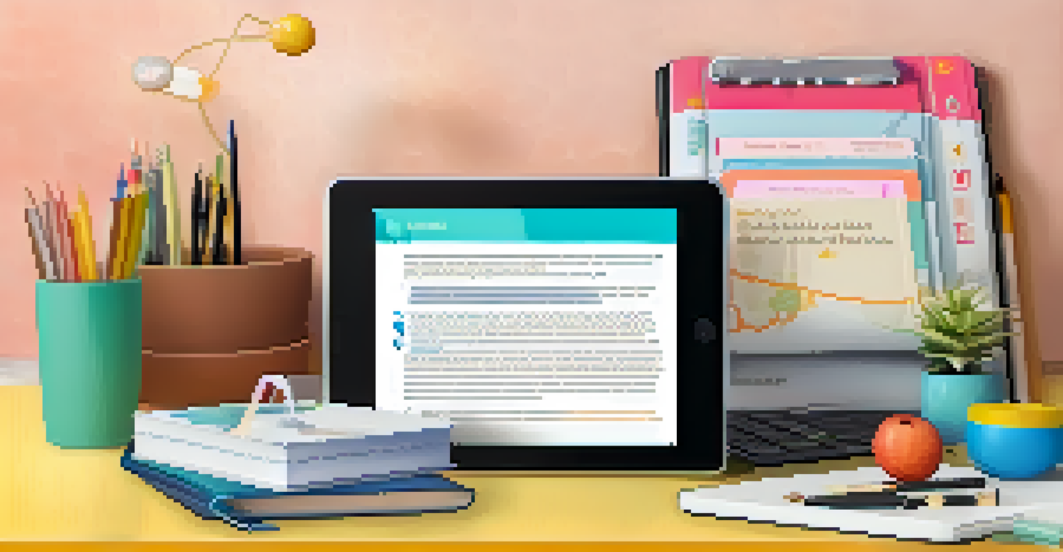 A tablet showing an online course interface with quizzes and videos in a stylish workspace.
