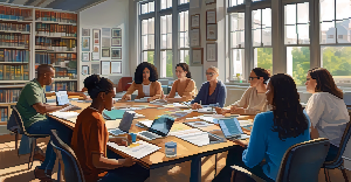 A diverse group of adult learners collaborating in a study session with laptops and books, in a bright room with motivational posters.