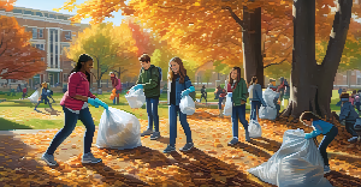 Students cleaning up a local park on a sunny autumn day, wearing gloves and gathering trash with trees and a playground in the background.