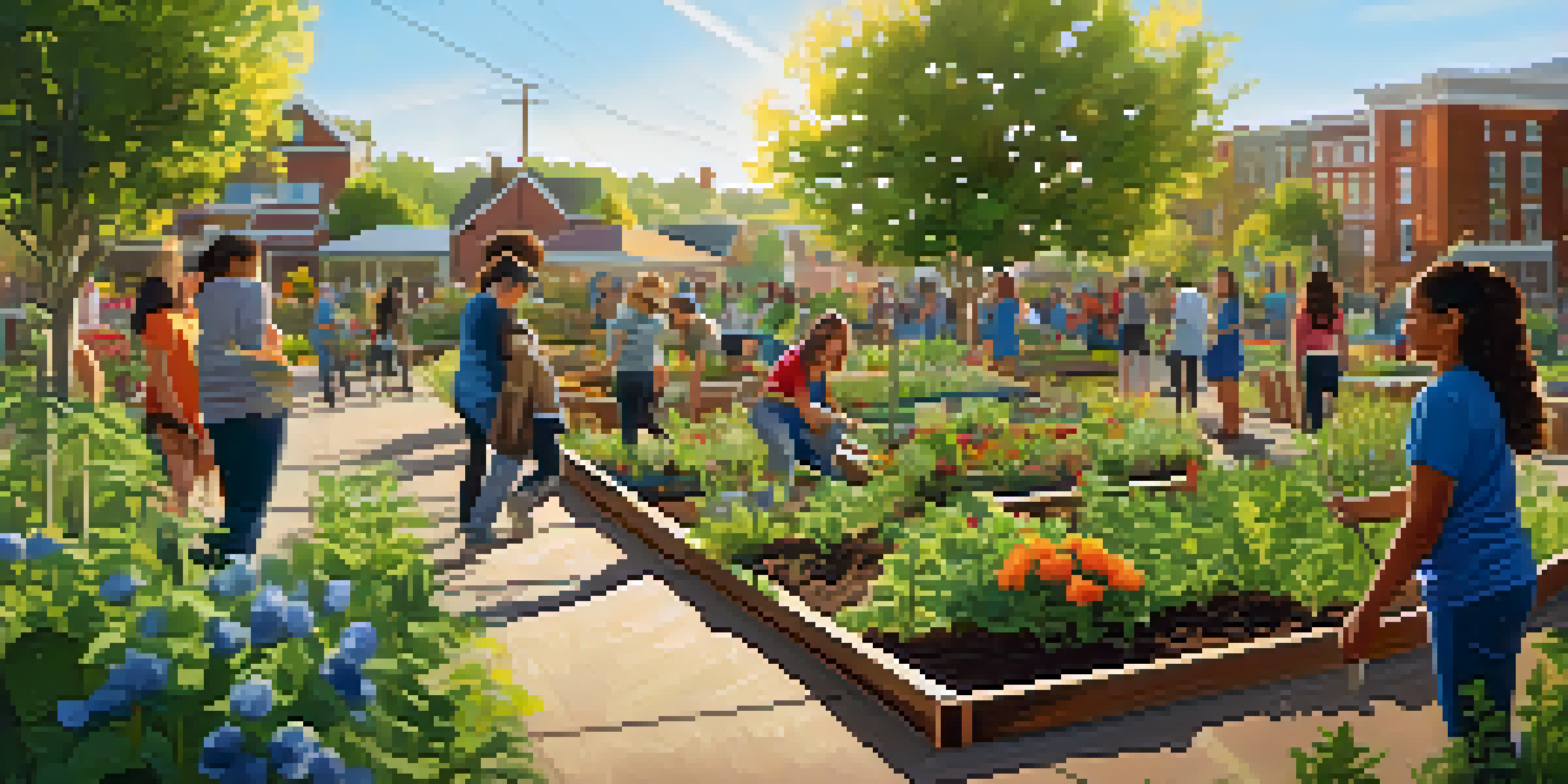 A colorful community garden where students are joyfully planting vegetables together under the sunlight.