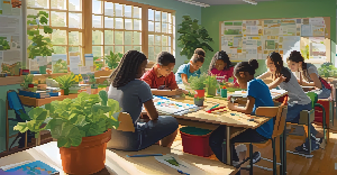A classroom filled with students working together on a sustainable garden project, illuminated by sunlight coming through the windows.
