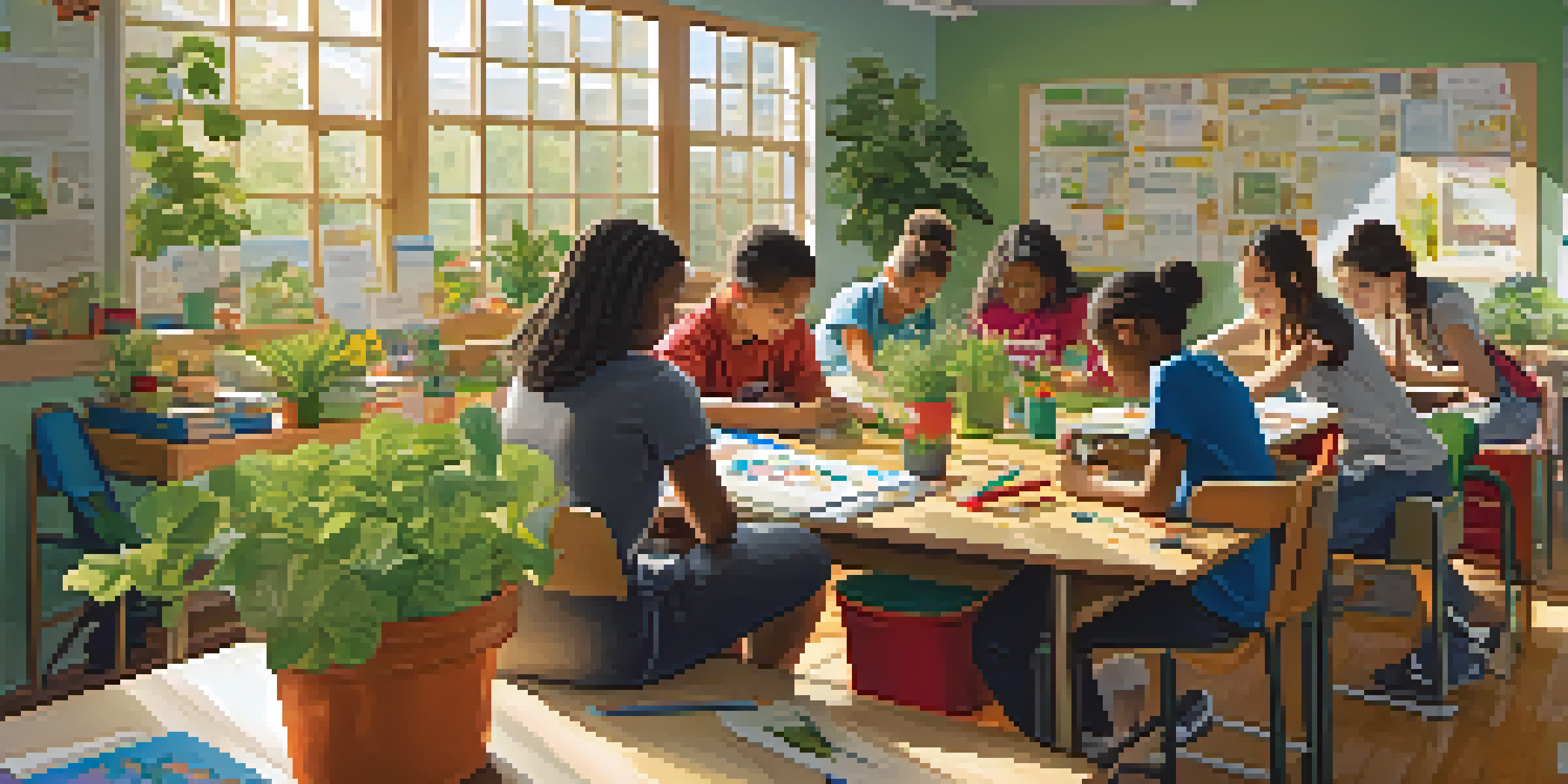A classroom filled with students working together on a sustainable garden project, illuminated by sunlight coming through the windows.